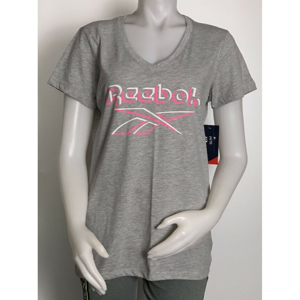 🪻Women’s Sport Shirt Size M Reebok Vector V Neck Short Sleeve Gray Heather